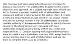 166. You have just been assigned as the project manager to deploy a new system. The stakeholders disagree on the project objectives and approach. As a project manager, what should you do? A. Conduct a general meeting with all stakeholders and review and address a list of activities for each of them. B. Create a roles and responsibilities matrix based on the project charter and ask the sponsor to share it with all stakeholders to provide credible authority. C. Breakdown the situation to identify the root causes for the disagreement and then work with each stakeholder and participating entity in their exact roles and responsibilities. D. Conduct scoping workshops with the project team to create a work breakdown structure WBS, assign tasks to various entities, share this with all stakeholders and ask the team to complete their tasks as scheduled.