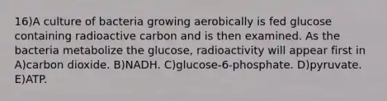 16)A culture of bacteria growing aerobically is fed glucose containing radioactive carbon and is then examined. As the bacteria metabolize the glucose, radioactivity will appear first in A)carbon dioxide. B)NADH. C)glucose-6-phosphate. D)pyruvate. E)ATP.