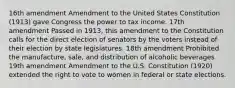 16th amendment Amendment to the United States Constitution (1913) gave Congress the power to tax income. 17th amendment Passed in 1913, this amendment to the Constitution calls for the direct election of senators by the voters instead of their election by state legislatures. 18th amendment Prohibited the manufacture, sale, and distribution of alcoholic beverages 19th amendment Amendment to the U.S. Constitution (1920) extended the right to vote to women in federal or state elections.