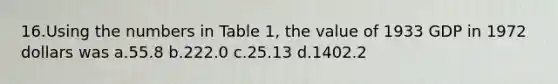 16.Using the numbers in Table 1, the value of 1933 GDP in 1972 dollars was a.55.8 b.222.0 c.25.13 d.1402.2