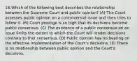 16.Which of the following best describes the relationship between the Supreme Court and public opinion? (A) The Court assesses public opinion on a controversial issue and then tries to follow it. (B) Court prestige is so high that its decisions become public consensus. (C) The existence of a public consensus on an issue limits the extent to which the Court will render decisions contrary to that consensus. (D) Public opinion has no bearing on the effective implementation of the Court's decisions. (E) There is no relationship between public opinion and the Court's decisions.