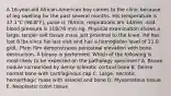 A 16-year-old African-American boy comes to the clinic because of leg swelling for the past several months. His temperature is 37.1°C (98.8°F), pulse is 76/min, respirations are 14/min, and blood pressure is 118/76 mm Hg. Physical examination shows a large, tender soft tissue mass just proximal to the knee. He has lost 8 lbs since his last visit and has a hemoglobin level of 11.0 g/dL. Plain film demonstrates periosteal elevation with bone destruction. A biopsy is performed. Which of the following is most likely to be expected on the pathology specimen? A. Brown nodule surrounded by dense sclerotic cortical bone B. Dense normal bone with cartilaginous cap C. Large, necrotic, hemorrhagic mass with osteoid and bone D. Myxomatous tissue E. Neoplastic colon tissue