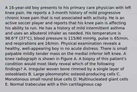 A 16-year-old boy presents to his primary care physician with left knee pain. He reports a 3-month history of mild progressive chronic knee pain that is not associated with activity. He is an active soccer player and reports that his knee pain is affecting his ability to run. He has a history of mild intermittent asthma and uses an albuterol inhaler as needed. His temperature is 98.6°F (37°C), blood pressure is 115/60 mmHg, pulse is 65/min, and respirations are 16/min. Physical examination reveals a healthy, well-appearing boy in no acute distress. There is small palpable mildly tender mass on the medial inferior left knee. A knee radiograph is shown in Figure A. A biopsy of this patient's condition would most likely reveal which of the following findings? A. Irregular woven bone rimmed by a single layer of osteoblasts B. Large pleomorphic osteoid-producing cells C. Monotonous small round blue cells D. Multinucleated giant cells E. Normal trabeculae with a thin cartilaginous cap