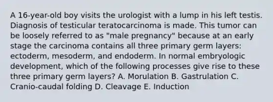 A 16-year-old boy visits the urologist with a lump in his left testis. Diagnosis of testicular teratocarcinoma is made. This tumor can be loosely referred to as "male pregnancy" because at an early stage the carcinoma contains all three primary germ layers: ectoderm, mesoderm, and endoderm. In normal embryologic development, which of the following processes give rise to these three primary germ layers? A. Morulation B. Gastrulation C. Cranio-caudal folding D. Cleavage E. Induction