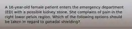 A 16-year-old female patient enters the emergency department (ED) with a possible kidney stone. She complains of pain in the right lower pelvis region. Which of the following options should be taken in regard to gonadal shielding?