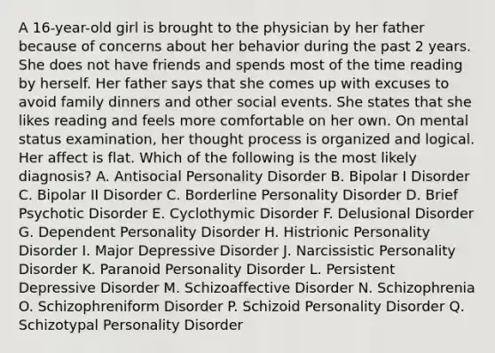 A 16-year-old girl is brought to the physician by her father because of concerns about her behavior during the past 2 years. She does not have friends and spends most of the time reading by herself. Her father says that she comes up with excuses to avoid family dinners and other social events. She states that she likes reading and feels more comfortable on her own. On mental status examination, her thought process is organized and logical. Her affect is flat. Which of the following is the most likely diagnosis? A. Antisocial Personality Disorder B. Bipolar I Disorder C. Bipolar II Disorder C. Borderline Personality Disorder D. Brief Psychotic Disorder E. Cyclothymic Disorder F. Delusional Disorder G. Dependent Personality Disorder H. Histrionic Personality Disorder I. Major Depressive Disorder J. Narcissistic Personality Disorder K. Paranoid Personality Disorder L. Persistent Depressive Disorder M. Schizoaffective Disorder N. Schizophrenia O. Schizophreniform Disorder P. Schizoid Personality Disorder Q. Schizotypal Personality Disorder