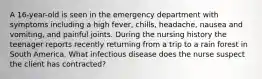 A 16-year-old is seen in the emergency department with symptoms including a high fever, chills, headache, nausea and vomiting, and painful joints. During the nursing history the teenager reports recently returning from a trip to a rain forest in South America. What infectious disease does the nurse suspect the client has contracted?