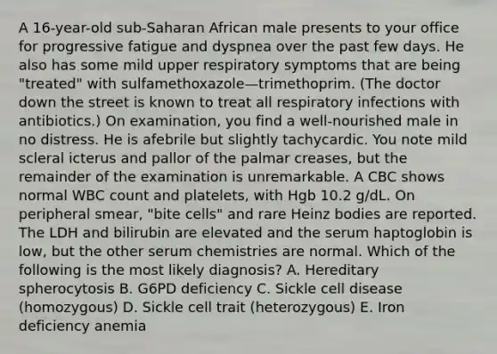 A 16-year-old sub-Saharan African male presents to your office for progressive fatigue and dyspnea over the past few days. He also has some mild upper respiratory symptoms that are being "treated" with sulfamethoxazole—trimethoprim. (The doctor down the street is known to treat all respiratory infections with antibiotics.) On examination, you find a well-nourished male in no distress. He is afebrile but slightly tachycardic. You note mild scleral icterus and pallor of the palmar creases, but the remainder of the examination is unremarkable. A CBC shows normal WBC count and platelets, with Hgb 10.2 g/dL. On peripheral smear, "bite cells" and rare Heinz bodies are reported. The LDH and bilirubin are elevated and the serum haptoglobin is low, but the other serum chemistries are normal. Which of the following is the most likely diagnosis? A. Hereditary spherocytosis B. G6PD deficiency C. Sickle cell disease (homozygous) D. Sickle cell trait (heterozygous) E. Iron deficiency anemia