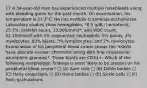 17 A 34-year-old man has experienced multiple nosebleeds along with bleeding gums for the past month. On examination, his temperature is 37.3°C. He has multiple cutaneous ecchymoses. Laboratory studies show hemoglobin, *8.5 g/dL; hematocrit, 25.7%; platelet count, 13,000/mm3*; and WBC count, 52,100/mm3 with 5% segmented neutrophils, 5% bands, 2% myelocytes, 83% blasts, 3% lymphocytes, and 2% monocytes. Examination of his peripheral blood smear shows the *blasts have delicate nuclear chromatin along with fine cytoplasmic azurophilic granules*. These blasts are CD33+. Which of the following morphologic findings is most likely to be present on his peripheral blood smear? □ (A) Auer rods □ (B) Döhle bodies □ (C) Hairy projections □ (D) Heinz bodies □ (E) Sickle cells □ (F) Toxic granulations