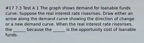 #17 7.3 Test A 1 The graph shows demand for loanable funds curve. Suppose the real interest rate risesrises. Draw either an arrow along the demand curve showing the direction of change or a new demand curve. When the real interest rate risesrises​, the​ ______ because the​ ______ is the opportunity cost of loanable funds.