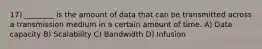 17) ________ is the amount of data that can be transmitted across a transmission medium in a certain amount of time. A) Data capacity B) Scalability C) Bandwidth D) Infusion