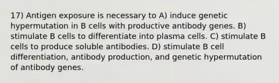 17) Antigen exposure is necessary to A) induce genetic hypermutation in B cells with productive antibody genes. B) stimulate B cells to differentiate into plasma cells. C) stimulate B cells to produce soluble antibodies. D) stimulate B cell differentiation, antibody production, and genetic hypermutation of antibody genes.