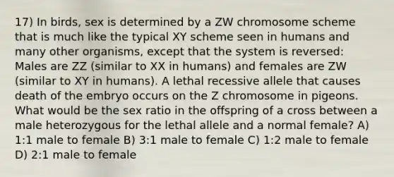 17) In birds, sex is determined by a ZW chromosome scheme that is much like the typical XY scheme seen in humans and many other organisms, except that the system is reversed: Males are ZZ (similar to XX in humans) and females are ZW (similar to XY in humans). A lethal recessive allele that causes death of the embryo occurs on the Z chromosome in pigeons. What would be the sex ratio in the offspring of a cross between a male heterozygous for the lethal allele and a normal female? A) 1:1 male to female B) 3:1 male to female C) 1:2 male to female D) 2:1 male to female