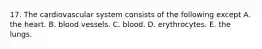 17. The cardiovascular system consists of the following except A. the heart. B. blood vessels. C. blood. D. erythrocytes. E. the lungs.