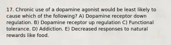 17. Chronic use of a dopamine agonist would be least likely to cause which of the following? A) Dopamine receptor down regulation. B) Dopamine receptor up regulation C) Functional tolerance. D) Addiction. E) Decreased responses to natural rewards like food.