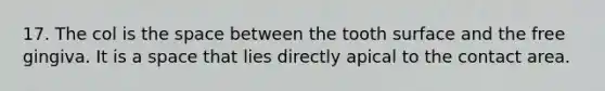 17. The col is the space between the tooth surface and the free gingiva. It is a space that lies directly apical to the contact area.
