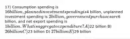 17) Consumption spending is 16 billion, planned investment spending is4 billion, unplanned investment spending is 2 billion, government purchases are6 billion, and net export spending is 1 billion. What is aggregate expenditure? A)22 billion B) 26 billion C)23 billion D) 27 billion E)29 billion