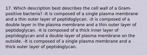 17. Which description best describes the cell wall of a Gram-positive bacteria? -It is composed of a single plasma membrane and a thin outer layer of peptidoglycan. -It is composed of a double layer in the plasma membrane and a thin outer layer of peptidoglycan. -It is composed of a thick inner layer of peptidoglycan and a double layer of plasma membrane on the outside. -It is composed of a single plasma membrane and a thick outer layer of peptidoglycan.