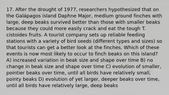 17. After the drought of 1977, researchers hypothesized that on the Galápagos island Daphne Major, medium ground finches with large, deep beaks survived better than those with smaller beaks because they could more easily crack and eat the tough T. cistoides fruits. A tourist company sets up reliable feeding stations with a variety of bird seeds (different types and sizes) so that tourists can get a better look at the finches. Which of these events is now most likely to occur to finch beaks on this island? A) increased variation in beak size and shape over time B) no change in beak size and shape over time C) evolution of smaller, pointier beaks over time, until all birds have relatively small, pointy beaks D) evolution of yet larger, deeper beaks over time, until all birds have relatively large, deep beaks