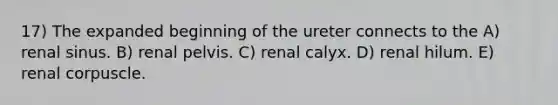 17) The expanded beginning of the ureter connects to the A) renal sinus. B) renal pelvis. C) renal calyx. D) renal hilum. E) renal corpuscle.