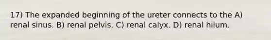 17) The expanded beginning of the ureter connects to the A) renal sinus. B) renal pelvis. C) renal calyx. D) renal hilum.