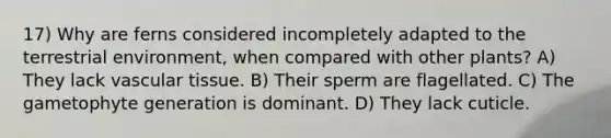 17) Why are ferns considered incompletely adapted to the terrestrial environment, when compared with other plants? A) They lack vascular tissue. B) Their sperm are flagellated. C) The gametophyte generation is dominant. D) They lack cuticle.