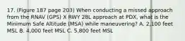 17. (Figure 187 page 203) When conducting a missed approach from the RNAV (GPS) X RWY 28L approach at PDX, what is the Minimum Safe Altitude (MSA) while maneuvering? A. 2,100 feet MSL B. 4,000 feet MSL C. 5,800 feet MSL