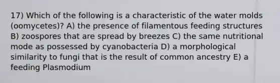 17) Which of the following is a characteristic of the water molds (oomycetes)? A) the presence of filamentous feeding structures B) zoospores that are spread by breezes C) the same nutritional mode as possessed by cyanobacteria D) a morphological similarity to fungi that is the result of common ancestry E) a feeding Plasmodium