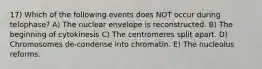 17) Which of the following events does NOT occur during telophase? A) The nuclear envelope is reconstructed. B) The beginning of cytokinesis C) The centromeres split apart. D) Chromosomes de-condense into chromatin. E) The nucleolus reforms.