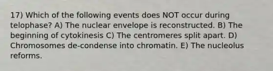 17) Which of the following events does NOT occur during telophase? A) The nuclear envelope is reconstructed. B) The beginning of cytokinesis C) The centromeres split apart. D) Chromosomes de-condense into chromatin. E) The nucleolus reforms.