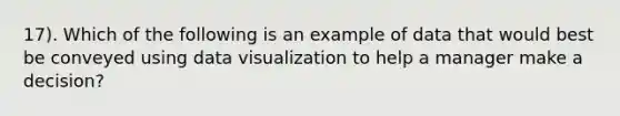 17). Which of the following is an example of data that would best be conveyed using data visualization to help a manager make a decision?