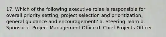 17. Which of the following executive roles is responsible for overall priority setting, project selection and prioritization, general guidance and encouragement? a. Steering Team b. Sponsor c. Project Management Office d. Chief Projects Officer