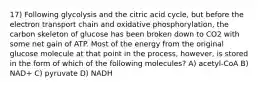 17) Following glycolysis and the citric acid cycle, but before the electron transport chain and oxidative phosphorylation, the carbon skeleton of glucose has been broken down to CO2 with some net gain of ATP. Most of the energy from the original glucose molecule at that point in the process, however, is stored in the form of which of the following molecules? A) acetyl-CoA B) NAD+ C) pyruvate D) NADH