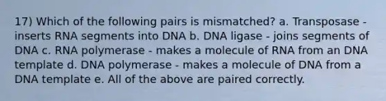 17) Which of the following pairs is mismatched? a. Transposase - inserts RNA segments into DNA b. DNA ligase - joins segments of DNA c. RNA polymerase - makes a molecule of RNA from an DNA template d. DNA polymerase - makes a molecule of DNA from a DNA template e. All of the above are paired correctly.