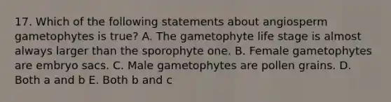 17. Which of the following statements about angiosperm gametophytes is true? A. The gametophyte life stage is almost always larger than the sporophyte one. B. Female gametophytes are embryo sacs. C. Male gametophytes are pollen grains. D. Both a and b E. Both b and c