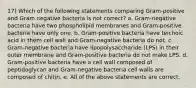 17) Which of the following statements comparing Gram-positive and Gram negative bacteria is not correct? a. Gram-negative bacteria have two phospholipid membranes and Gram-positive bacteria have only one. b. Gram-positive bacteria have teichoic acid in them cell wall and Gram-negative bacteria do not. c. Gram-negative bacteria have lipopolysaccharide (LPS) in their outer membrane and Gram-positive bacteria do not make LPS. d. Gram-positive bacteria have a cell wall composed of peptidoglycan and Gram-negative bacteria cell walls are composed of chitin. e. All of the above statements are correct.