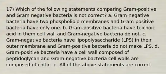 17) Which of the following statements comparing Gram-positive and Gram negative bacteria is not correct? a. Gram-negative bacteria have two phospholipid membranes and Gram-positive bacteria have only one. b. Gram-positive bacteria have teichoic acid in them cell wall and Gram-negative bacteria do not. c. Gram-negative bacteria have lipopolysaccharide (LPS) in their outer membrane and Gram-positive bacteria do not make LPS. d. Gram-positive bacteria have a cell wall composed of peptidoglycan and Gram-negative bacteria cell walls are composed of chitin. e. All of the above statements are correct.