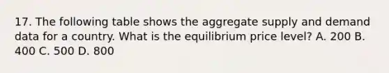 17. The following table shows the aggregate supply and demand data for a country. What is the equilibrium price level? A. 200 B. 400 C. 500 D. 800