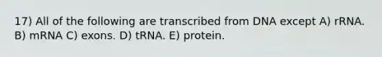 17) All of the following are transcribed from DNA except A) rRNA. B) mRNA C) exons. D) tRNA. E) protein.