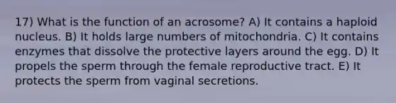 17) What is the function of an acrosome? A) It contains a haploid nucleus. B) It holds large numbers of mitochondria. C) It contains enzymes that dissolve the protective layers around the egg. D) It propels the sperm through the female reproductive tract. E) It protects the sperm from vaginal secretions.