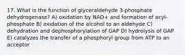 17. What is the function of glyceraldehyde 3-phosphate dehydrogenase? A) oxidation by NAD+ and formation of acyl-phosphate B) oxidation of the alcohol to an aldehyde C) dehydration and dephosphorylation of GAP D) hydrolysis of GAP E) catalyzes the transfer of a phosphoryl group from ATP to an acceptor