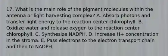 17. What is the main role of the pigment molecules within the antenna or light-harvesting complex? A. Absorb photons and transfer light energy to the reaction center chlorophyll. B. Oxidize water and release oxygen to the reaction center chlorophyll. C. Synthesize NADPH. D. Increase H+ concentration in the stroma. E. Pass electrons to <a href='https://www.questionai.com/knowledge/k57oGBr0HP-the-electron-transport-chain' class='anchor-knowledge'>the electron transport chain</a> and then to NADPH.