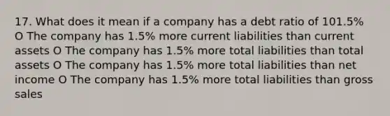 17. What does it mean if a company has a debt ratio of 101.5% O The company has 1.5% more current liabilities than current assets O The company has 1.5% more total liabilities than total assets O The company has 1.5% more total liabilities than net income O The company has 1.5% more total liabilities than gross sales