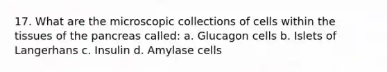 17. What are the microscopic collections of cells within the tissues of the pancreas called: a. Glucagon cells b. Islets of Langerhans c. Insulin d. Amylase cells