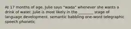 At 17 months of age, Julie says "wada" whenever she wants a drink of water. Julie is most likely in the ________ stage of language development. semantic babbling one-word telegraphic speech phonetic