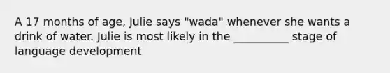 A 17 months of age, Julie says "wada" whenever she wants a drink of water. Julie is most likely in the __________ stage of language development