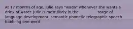 At 17 months of age, Julie says "wada" whenever she wants a drink of water. Julie is most likely in the _________ stage of language development. semantic phonetic telegraphic speech babbling one-word