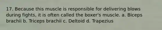 17. Because this muscle is responsible for delivering blows during fights, it is often called the boxer's muscle. a. Biceps brachii b. Triceps brachii c. Deltoid d. Trapezius