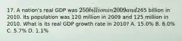 17. A nation's real GDP was 250 billion in 2009 and265 billion in 2010. Its population was 120 million in 2009 and 125 million in 2010. What is its real GDP growth rate in 2010? A. 15.0% B. 6.0% C. 5.7% D. 1.1%