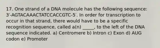 17. One strand of a DNA molecule has the following sequence: 3′-AGTACAAACTATCCACCGTC-5′. In order for transcription to occur in that strand, there would have to be a specific recognition sequence, called a(n) _____, to the left of the DNA sequence indicated. a) Centromere b) Intron c) Exon d) AUG codon e) Promoter